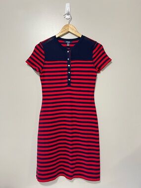 Chaps Cotton Dress Red & Navy Striped Short-Sleeve Summer Dress Size Small